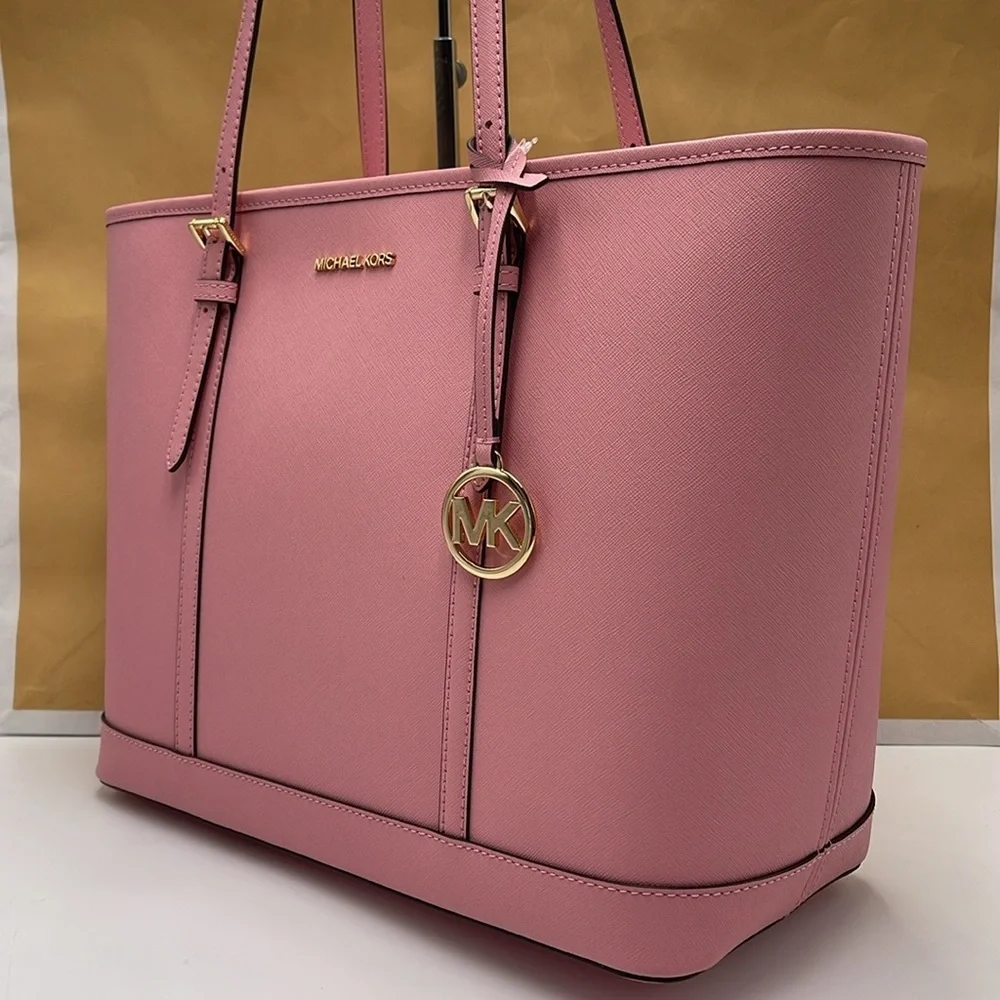 MICHAEL KORS Jet Set Travel Lg Top Zip Shoulder Tote Saffiano Leather Carnation